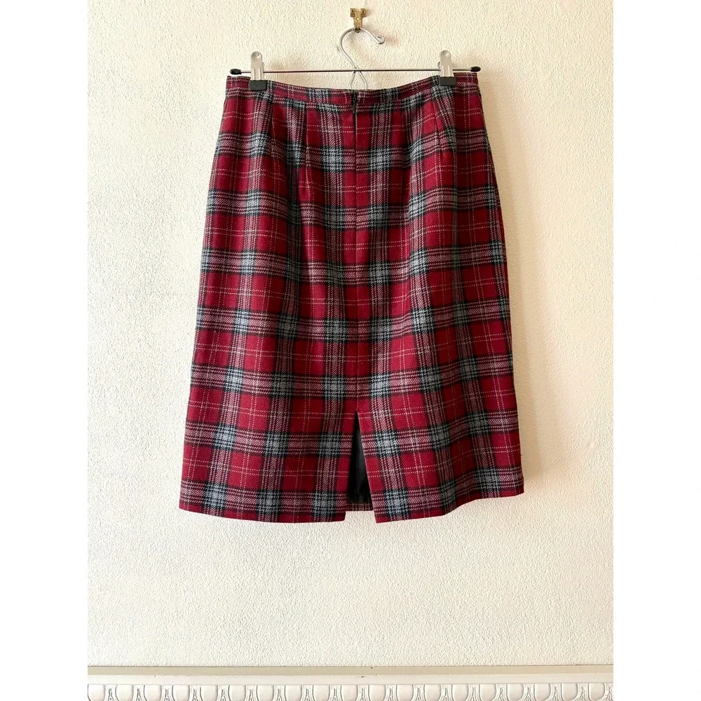 Vintage Y2K Hillard & Hanson Red Plaid Wool Blend Pencil Skirt 6 Academia Preppy